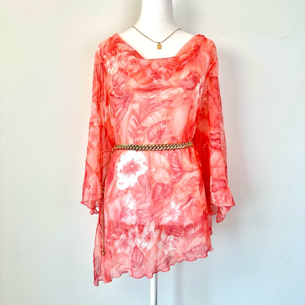 Vintage Picadilly Orange and Pink Floral Asymmetrical Sheer Blouse 3/4 Sleeves - Picture 12 of 15
